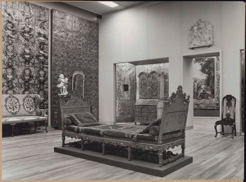 Room with furniture including a sofa, gilt leather wallpaper and alcove with cupboard, 1962 Canvas Print