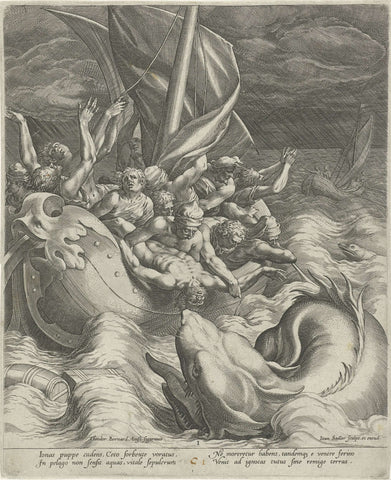 Jonah is thrown overboard by the fishermen, Johann Sadeler (I), 1582 - 1584 Canvas Print