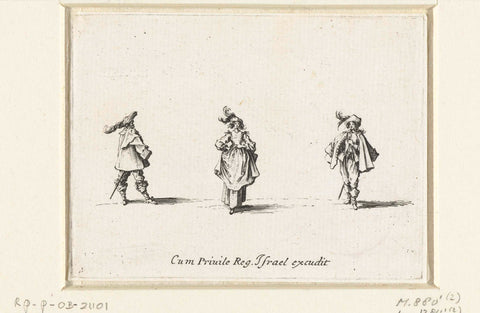 Lady, the right hand in the side, the left hand in front of the abdomen, seen from the front, between two gentlemen, Jacques Callot, 1633 - 1635 Canvas Print