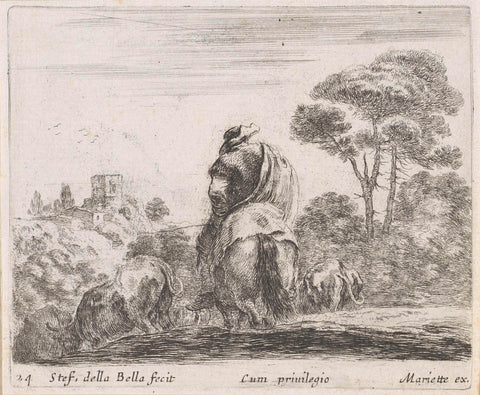 Shepherd on horseback seen on the back in a landscape with cows, Stefano della Bella, 1632 - 1664 Canvas Print