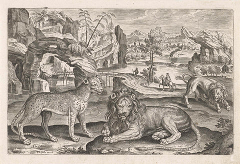 Lions and leopard, Adriaen Collaert, 1595 - 1633 Canvas Print