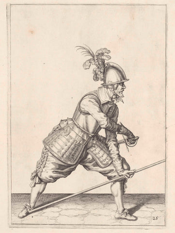 Soldier who places his skewer against his right foot with his left hand and draws his sword with his right hand, Jacob de Gheyn (II) (workshop or), 1597 - 1607 Canvas Print