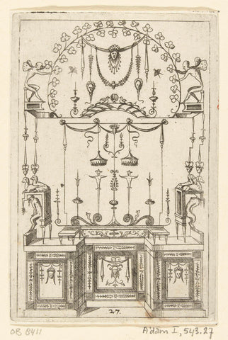 On a pedestal, decorated with mascarons, stands a bench between two screens, Hans Sibmacher, c. 1525 - 1594 Canvas Print