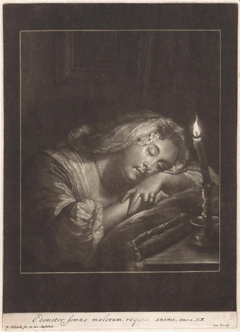 Sleeping girl by candlelight, Pieter Schenk (I), 1670 - 1713 Canvas Print