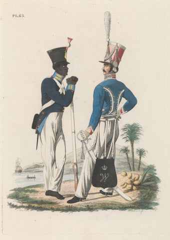 Hussaar, on foot, from the Reg. no. 7, and Infantryman (Inlander). Troops in the East Indies, Joannes Bemme, 1826 Canvas Print