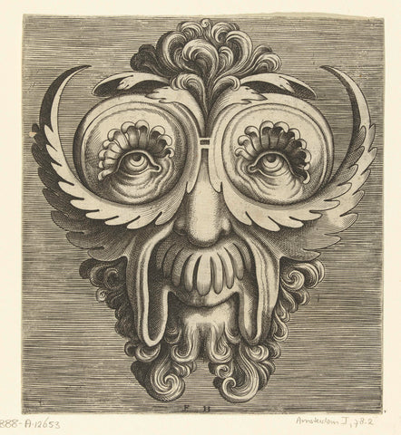 Mask with leaf-shaped cheekbones, saucer-shaped eye sockets and a tuft of curls in the middle of the head, Frans Huys, 1555 Canvas Print