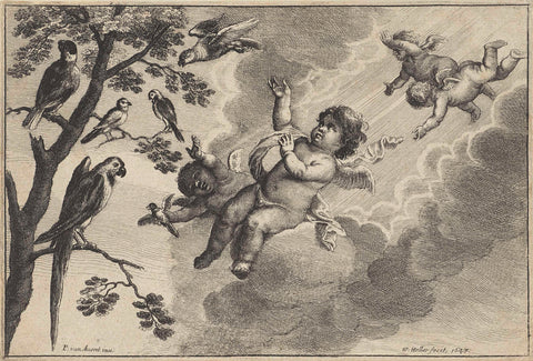 Putti with tropical birds: the element Air, Wenceslaus Hollar, 1647 Canvas Print