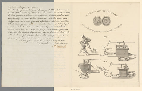 Two images of fire sprayers and a written text, H. Belder &Co., 1825 Canvas Print