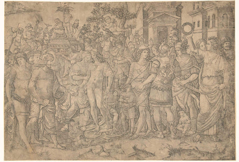 Triumph of Roman emperor with soldiers and looted armor, Marcantonio Raimondi, 1510 - 1527 Canvas Print