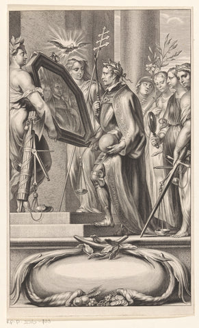 King is held up mirror by Justice and Faith, anonymous, 1655 Canvas Print