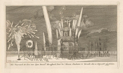 Fireworks at a pavilion, Johannes van Hiltrop, 1766 - 1768 Canvas Print