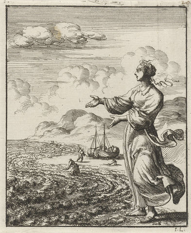 Woman looks out over the sea in the surf, Jan Luyken, 1687 Canvas Print