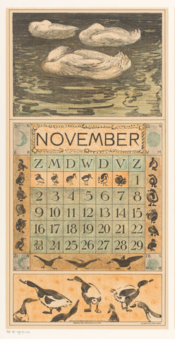 Calendar sheet November with three sleeping ducks, Theo van Hoytema, 1912 Canvas Print