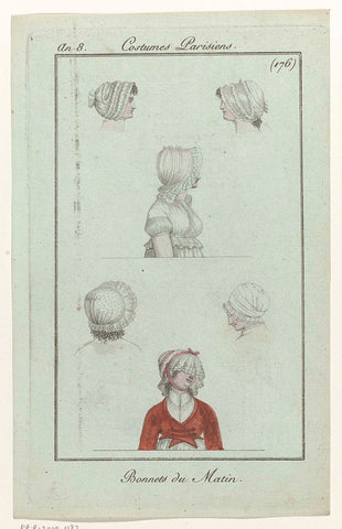 Journal des Dames et des Modes, Costume Parisien, 6 December 1799, Year 8 (176) : Bonnets du Matin, anonymous, 1799 Canvas Print