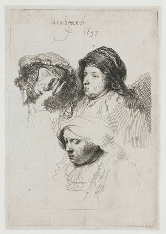Three heads of women: one asleep, Rembrandt van Rijn, 1637 Canvas Print