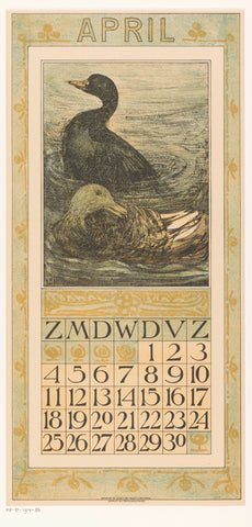Calendar sheet April with two swimming ducks, Theo van Hoytema, 1908 Canvas Print