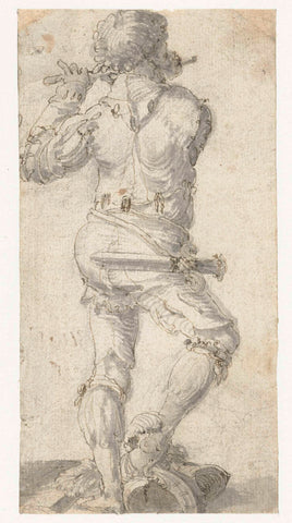 Flute player with his right foot on a helmet, seen on the back, Aertgen Claesz van Leyden, 1508 - 1564 Canvas Print