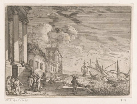 Harbour view with sailing ships, in the foreground men for a loggia, Johann Wilhelm Baur, 1686 - 1724 Canvas Print