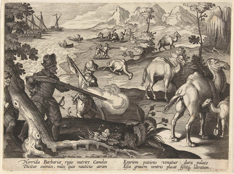 Hunting of camels, Jan Collaert (II), 1594 - 1598 Canvas Print