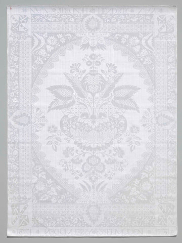 Napkin of white linen damask with lace pattern and name and weapon indentation of Hendrik van Isselmuden and year 1731, anonymous, 1731 Canvas Print