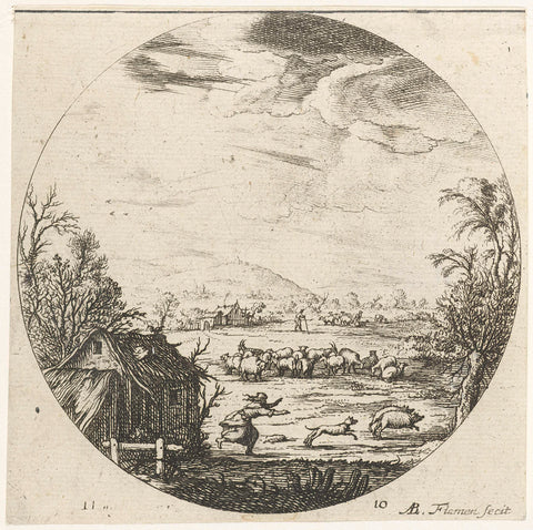 Landscape with a flock of sheep, Albert Flamen, 1648 - 1683 Canvas Print