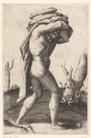 Naked man wears base of column on his back, Marcantonio Raimondi, 1517 - 1520 Canvas Print