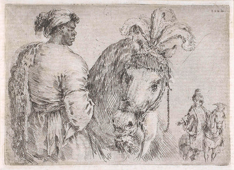 Dark man with turban carries a horse, in the background a man on horseback, Stefano della Bella, 1620 - 1664 Canvas Print