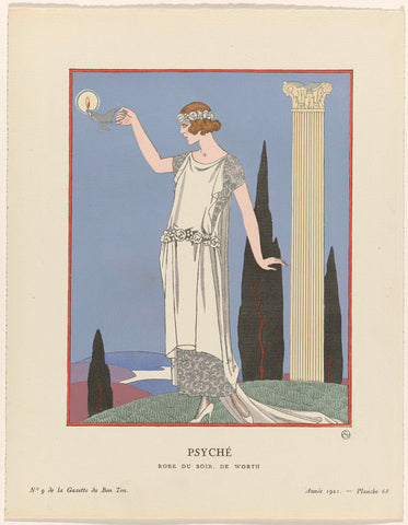 Gazette du Bon Ton, 1921 - No. 9, Pl. 68: Psyche / Dress of the evening, by Worth, George Barbier, 1921 Canvas Print