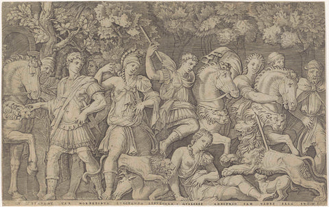 Soldiers deter lion from attack on woman, Marcantonio Raimondi, 1500 - 1527 Canvas Print