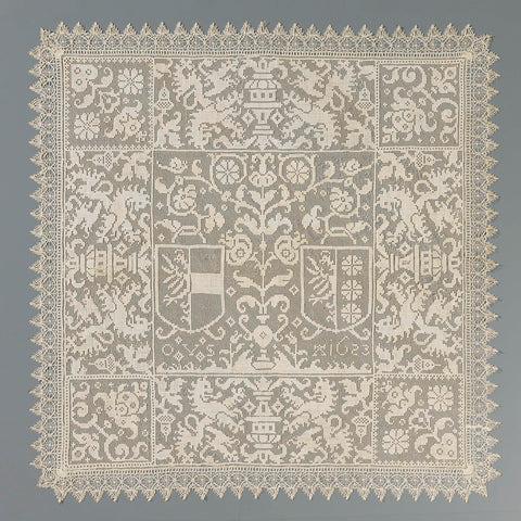 Fillet and bobbin lace cloth, depicting the arms of Sickinge and Jongema, Oedt van Sickinge (attributed to), 1623 Canvas Print