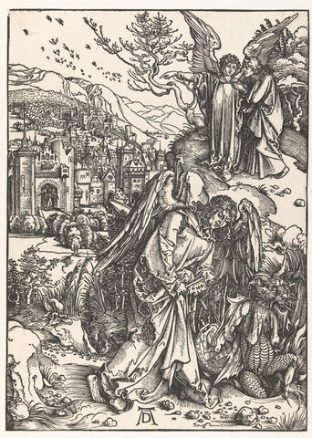 An angel throws a dragon into a well; an angel shows Johannes the Evangelist the new Jerusalem, Albrecht Dürer, 1511 Canvas Print