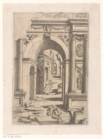 Sitting draughtsman in front of a ruinous arch, Virgil Solis, 1550 - 1562 Canvas Print