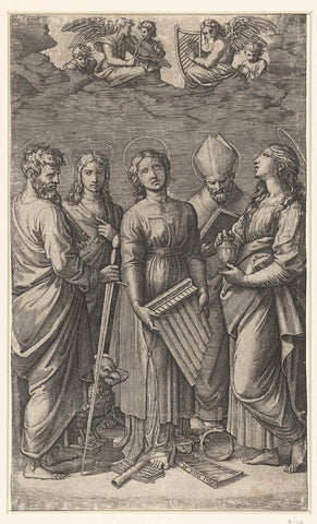 Saint Cecilia with Musical Instruments Surrounded by Four Saints, Marcantonio Raimondi, 1515 - 1516 Canvas Print