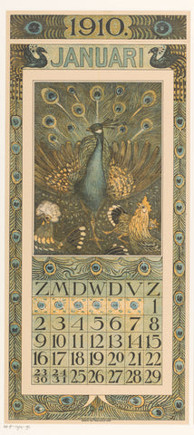 Calendar sheet January with peacock and chickens, Theo van Hoytema, 1909 Canvas Print