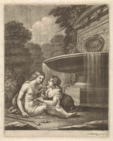 Shepherd and shepherdess at a fountain, Abraham Bloteling, 1676 Canvas Print