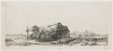 Landscape with cottages and a hay barn: oblong, Rembrandt van Rijn, 1641 Canvas Print