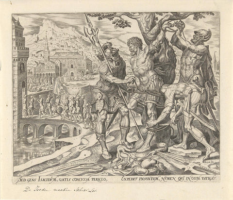 Israelites cut Achior loose, Philips Galle, 1564 Canvas Print