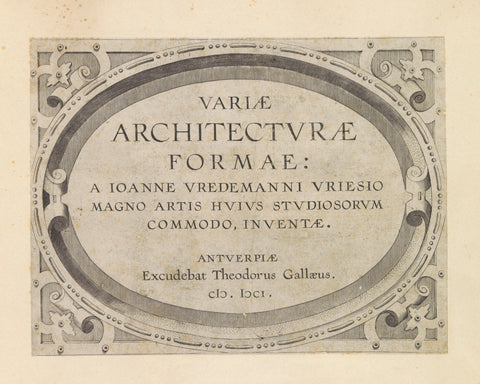 Cartouche with frame of scrolling and the text: Varia Architecturae Formae, anonymous, after 1601 Canvas Print