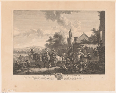 Returning hunting party at a fountain, Jean Moyreau, 1735 Canvas Print