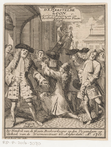 Young man kneels and embraces man in hat, Pieter van den Berge, 1711 Canvas Print