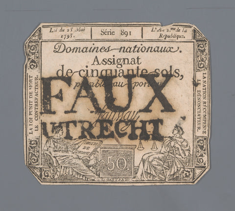 Te Utrecht ongeldig gemaakte assignat van vijftig sols, serie 891, uitgegeven 23 mei 1793, Nicolas Marie Gatteaux, 1793 Canvas Print