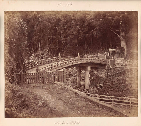 Bridge over a river near Nikko, on the right a torii, anonymous, 1884 Canvas Print