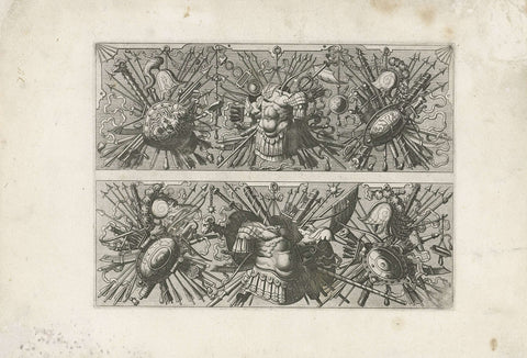 Two horizontal trophies with armor and weapons, Johannes or Lucas van Doetechum, 1558 - 1572 Canvas Print