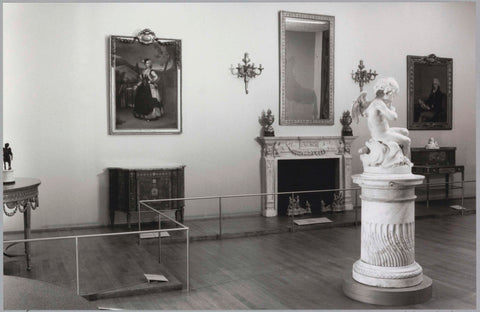 Room with mirror, furniture, an Amor statue, paintings, a fireplace, candlesticks and a passage, c. 1991 Canvas Print