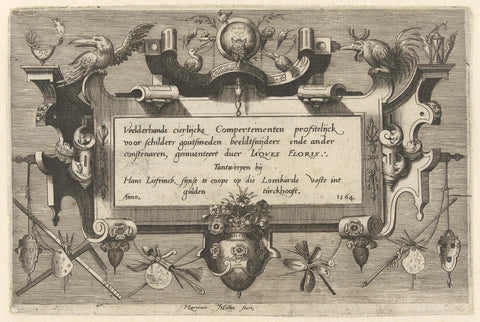 Cartouche with a frame of roller work, decorated with birds and artist trophies, Harmen Jansz Muller, 1564 Canvas Print