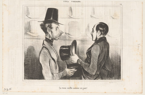 Man fits hat in a hat shop, Honoré Daumier, 1842 Canvas Print