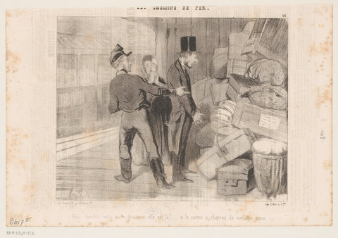 Couple searches for items between luggage at the station, Honoré Daumier, 1843 Canvas Print