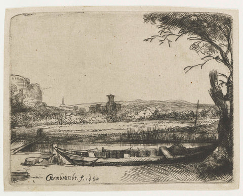 Canal with a Large Boat and a Bridge, Rembrandt van Rijn, 1650 Canvas Print