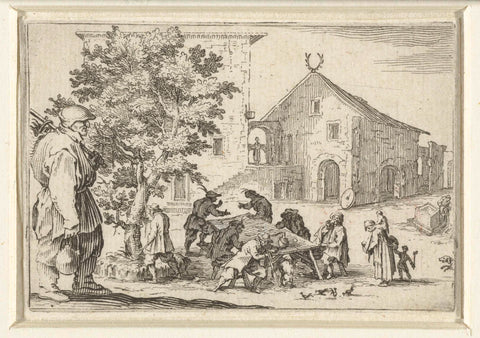 Man with bag and knapsack at inn, Jacques Callot, 1621 Canvas Print