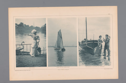 Three images of a woman feeding a swan, a sailboat and a skipper and a woman in front of a sailboat on the bank of the Elbe, Wilhelm Dreesen, 1894 Canvas Print